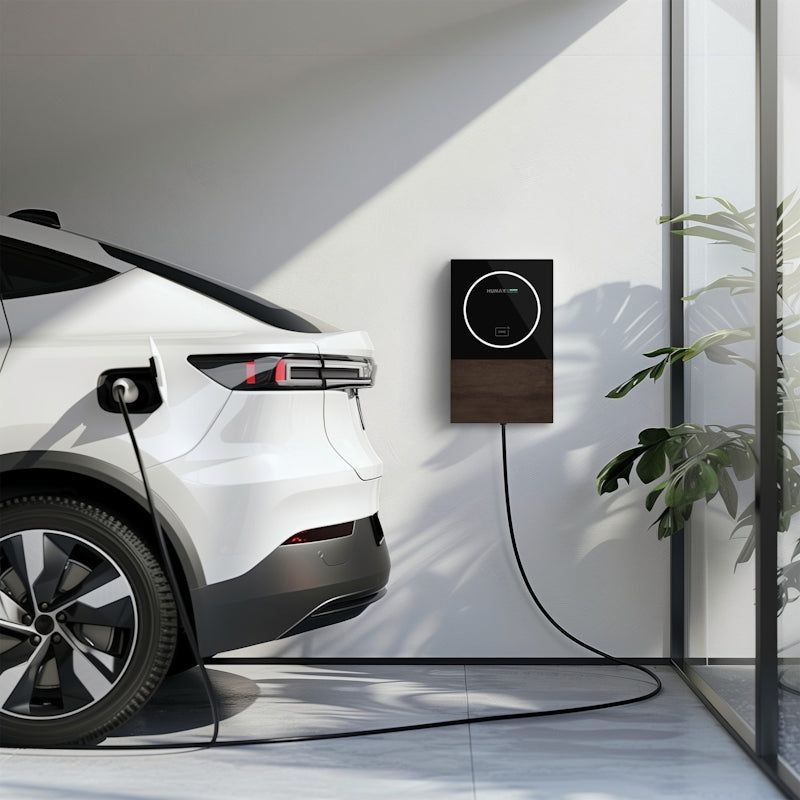 White electric SUV charging at a wall-mounted home EV charger in a residential garage