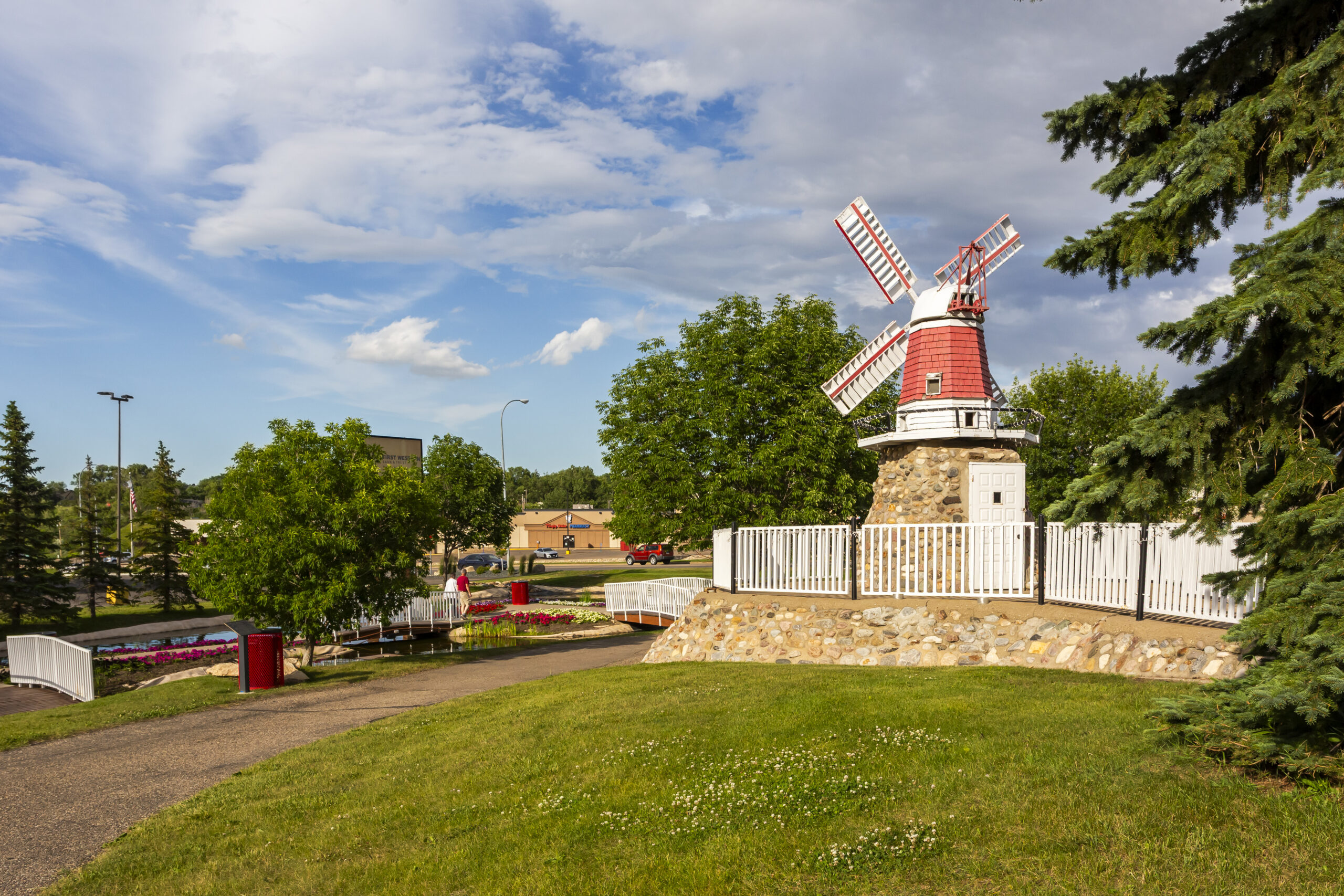 Restored red and white windmill landmark in Stanley, North Dakota, part of the Williston and Minot service area