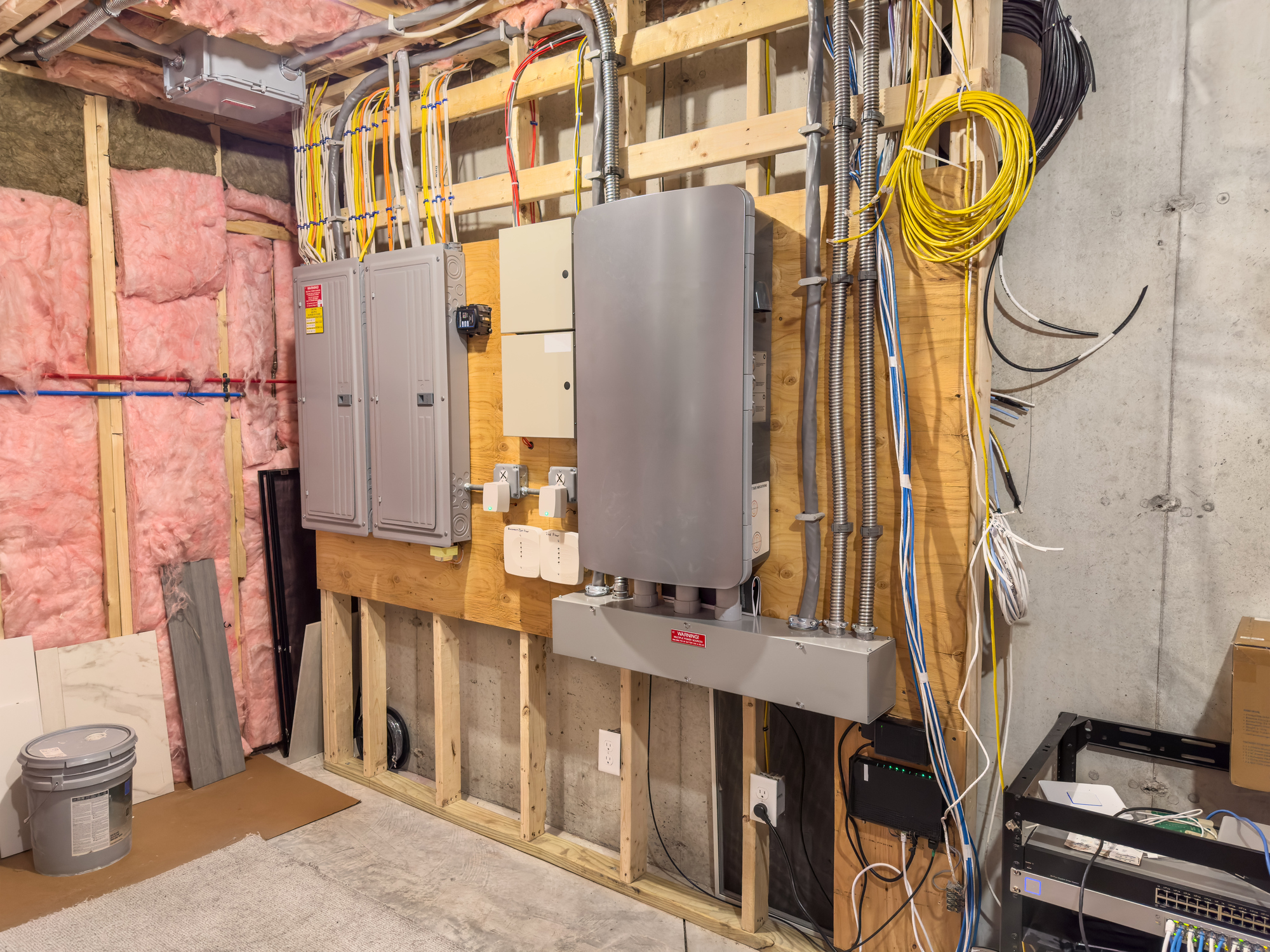 Commercial electrical panels, conduit, and data wiring in an electrical service room